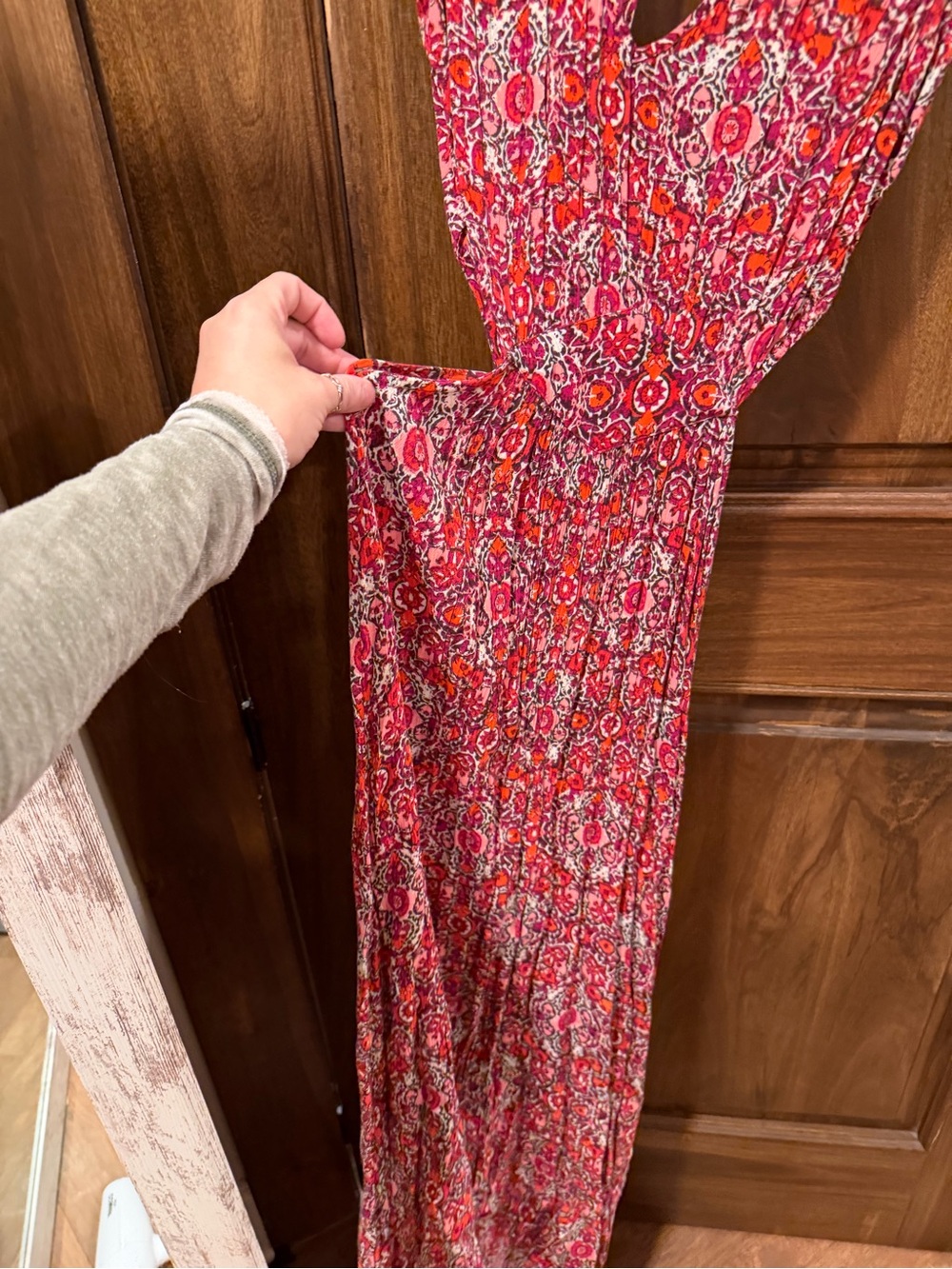 Women’s Pink, red, orange Floral Maxi Dress side cutouts - Sleeveless V-Neck